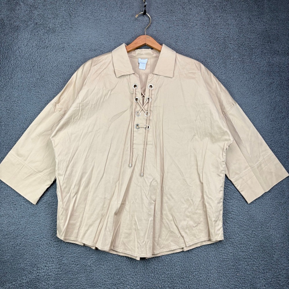 Chicos Lace Up V-Neck Poplin Top Tan Beige Size 3 US 16/18 Oversized Blouse